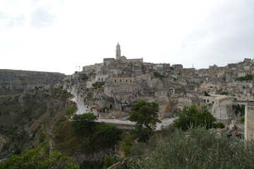 Panorama of Matera from Colombo viewpoint on Sasso Barisano and on the canyon carved by the Gravina...