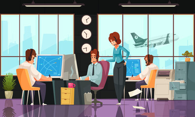 Airport Interior Cartoon Composition