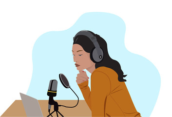 Podcast vector illustration. A woman is doing live podcasts on his laptop. Podcast concept. African woman in headphones at table recording audio broadcast. Vector illustration in flat cartoon style.