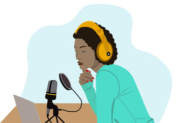 Podcast vector illustration. A woman is doing live podcasts on his laptop. Podcast concept. African woman in headphones at table recording audio broadcast. Vector illustration in flat cartoon style.