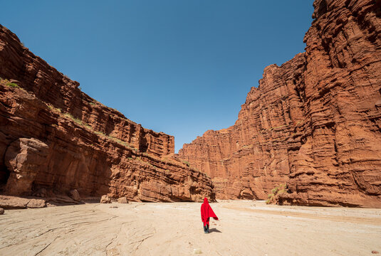 A female hiker stand under the sandstone canyon in Wensu, Xinjiang, China.