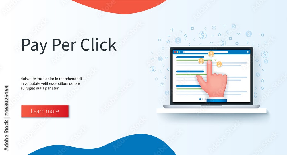 Poster pay per click program banner. hand makes a click on a advertising link on laptop screen. marketing p