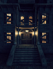 Front door entrance of an spooky, abandoned and dilapidated manor with illuminated windows and ...