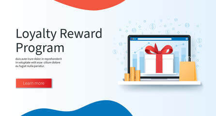 Customer loyalty reward program banner. Laptop with gift box on the screen. Marketing program concept. Web vector illustration in 3D style