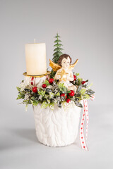 Advent composition with candles, table handmade arrangement mini decoration for new year, artificial Christmas tree interior decoration