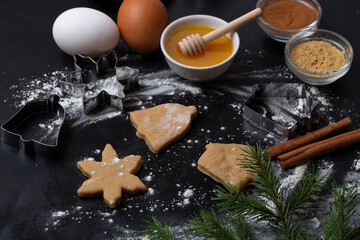 Ingredients for making Christmas gingerbread cookies: eggs, flour, honey, cinnamon, ginger on a black background