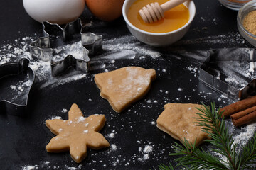 Ingredients for making Christmas gingerbread cookies: eggs, flour, honey, cinnamon, ginger on a black background