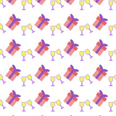 Pattern with gift boxes and glasses of champagne. The pattern is suitable for a festive design
