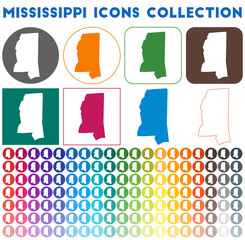 Mississippi icons collection. Bright colourful trendy map icons. Modern Mississippi badge with us state map. Vector illustration.