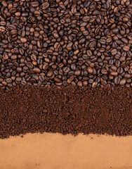 Pile of roasted coffee beans and ground instant coffee top view stock images. Different types of coffee beans close-up stock photo. Coarse and fine ground coffee vertical stock images