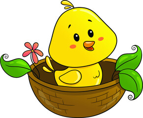 A cute little yellow chick character is sitting in a nest with green leaves and flowers. Cartoon chicken. The canary. Design for children. Isolated on a white background. Vector.
