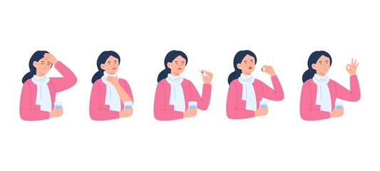 A young woman gets sick and eats a pill for health. Disease treatment, drug, and vitamin concept. Vector flat illustrations isolated on white background.