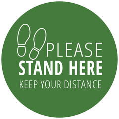 Social distancing concept with white wording stand here and foot print on green circle background
