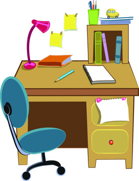 Illustration vector. Children's desk with notebooks, pencils, lamp and books