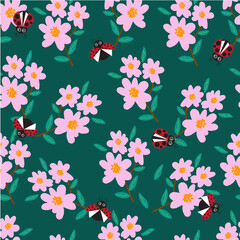 Hand drawn abstract flowers seamless pattern on green background. Repeating floral vector pattern.