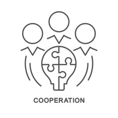 Icon – cooperation. Cooperation in project management. In the center of a group of people is a light bulb in the form of a puzzle. The thin contour lines.