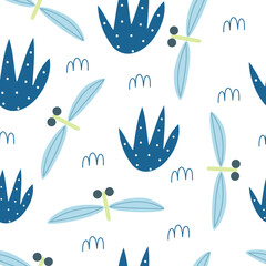 Fototapeta premium Vector seamless pattern with cute dragon fly in flat style