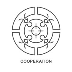 Icon – cooperation. Puzzles are all about bringing parties to collaborate. Arrows are the desire of the parties to work together. The thin contour lines.