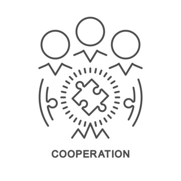 Icon – cooperation. People with a puzzle is a call for unification and cooperation. The thin contour lines.
