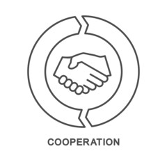 Icon – cooperation. A handshake is a cooperation agreement between partners. Arrows indicate joint activities. The thin contour lines.