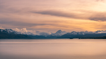 Lake Pukaki with Mount Cook view at sunset. South Island, New Zealand