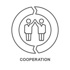 Icon – cooperation. Two partners with their hands up is an agreement to cooperate. Arrows indicate joint activities. The thin contour lines.