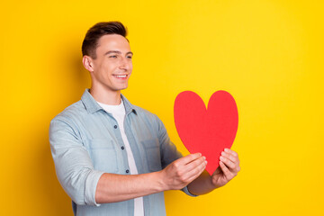 Profile side view portrait of attractive amorous cheerful guy giving heart isolated over bright yellow color background