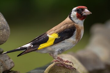 Goldfinch on stones near water. Czechia. Europe. 