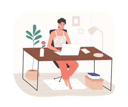 Woman work at home office with modern remote workplace. Freelancer sitting at desk with laptop computer, working online through internet. Flat graphic vector illustration isolated on white background
