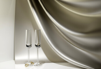 3D rendering white glasses with gray drape and golden rings