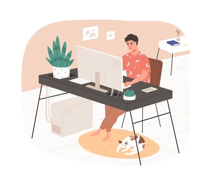 Remote online work from home office. Man freelancer working at modern cozy workplace with desk and computer desktop, and cute cat. Colored flat graphic vector illustration isolated on white background