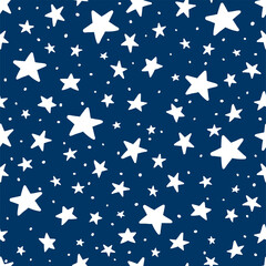 Vector Doodle Star Blue Seamless Pattern. Cute kid hand drawn stars print on dark blue background. Night Sky and space texture for print, wrapping paper, fabric, decor, gift, backgrounds, textile