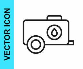Black line Mobile water tank - bowser icon isolated on white background. Water tank delivering water. Vector