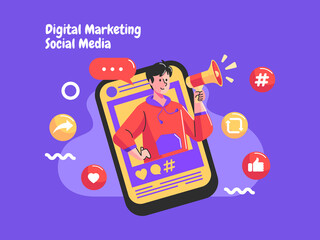 Digital Marketing Social Media with a megaphone and smartphone symbol
