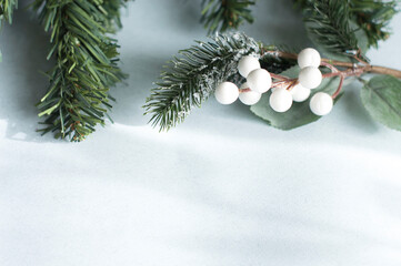 Fototapeta na wymiar Christmas background with spruce branch, bokeh, Christmas decorations. Top view and place for text.