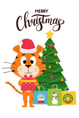 Christmas greeting card. A cute cartoon tiger in a hat holds a gift box on the background of a Christmas tree and gift bags. The tiger is a symbol of the Chinese New Year. Color vector illustration.