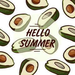 The inscription in a circle hello summer on the background of a pattern of avacado. Summer mood. Rejuvenating Avacado Fruit
