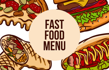 Menu for a fast food restaurant. Background with pizza, burger, hot dog and shawarma