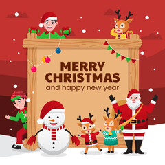 Cute Santa Claus, snowman, deer and elf with big signboard