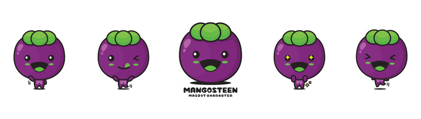 cute mangosteen mascot, fruit vector illustration, with different facial expressions and poses