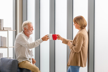 Fototapeta premium Selective focus of coffee cup, Senior couple inside home during a coffee break, Smiling elderly couple toasting a cup of coffee