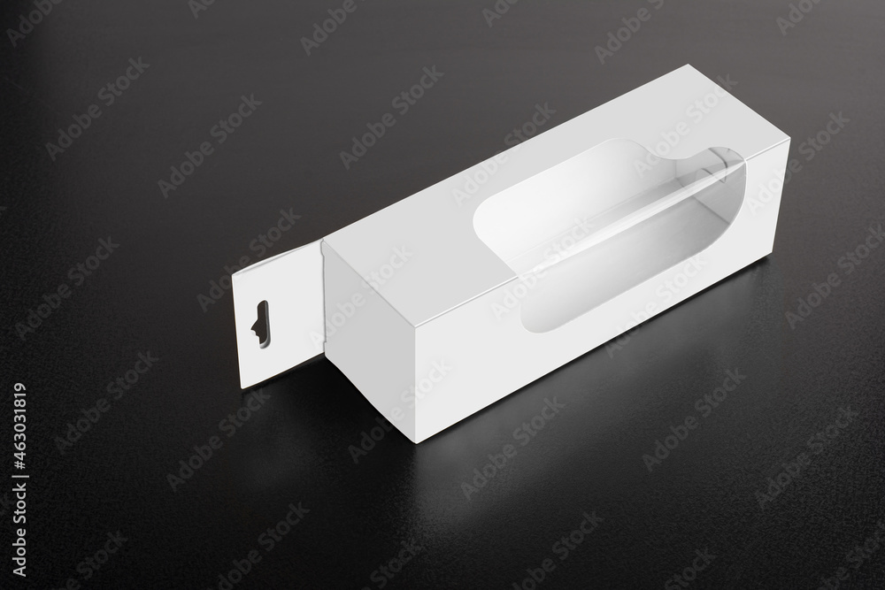 Poster 3d rendering of an empty white box with a hanger isolated on a black background