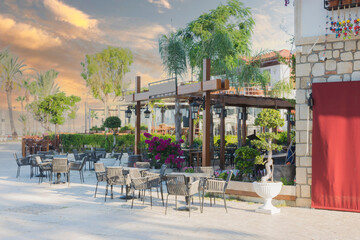 The streets of the city centre, the bazaar and the port area in Side, Antalya. Street views. Cloudy day