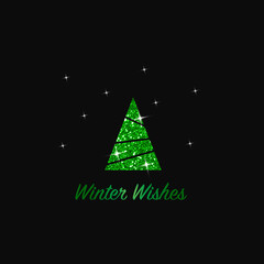 Sparkling Christmas Tree. Green Metallic glitter icon on a dark background. Merry Christmas and Happy New Year 2022. Vector illustration. Winter Wishes.