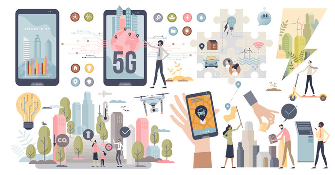 Smart City As Modern And Sustainable Environment Tiny Person Collection Set. Urban Metropolis Society Elements With Green Wind Energy And 5G Network Options Vector Illustration. Efficient Services.