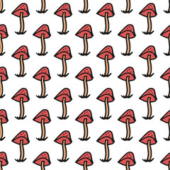 Seamless pattern. Doodle style hand drawn. Nature, animals and elements. Red fly agarics on a white background.
