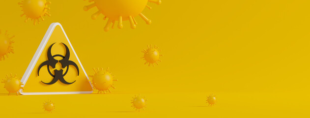 3d rendering biohazard sign with virus on yellow background. Concept science website banner or cover with copy space.