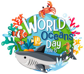 World Ocean Day banner with sea animals cartoon character