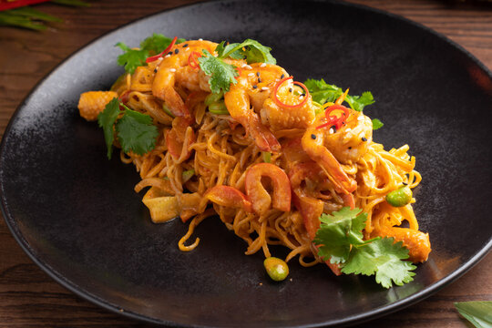 delicious asian dish, asian noodles with seafood,shrimps