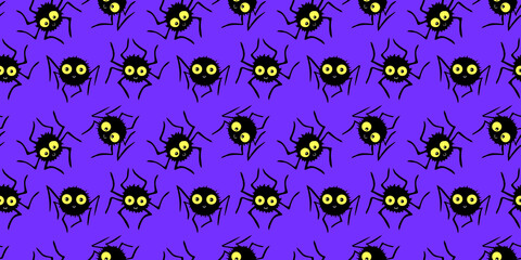 Seamless pattern of cute little spiders with eyes. Halloween vector backgrounds and textures in flat style